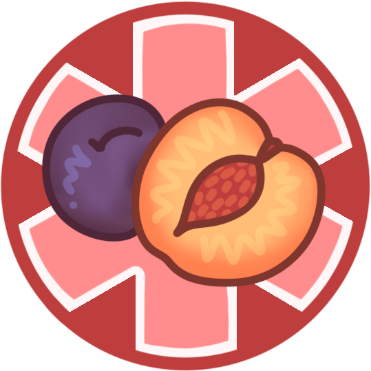 a red circle with a large medical alert asterisk inside it, and a plum and a peach pictured in the centre.